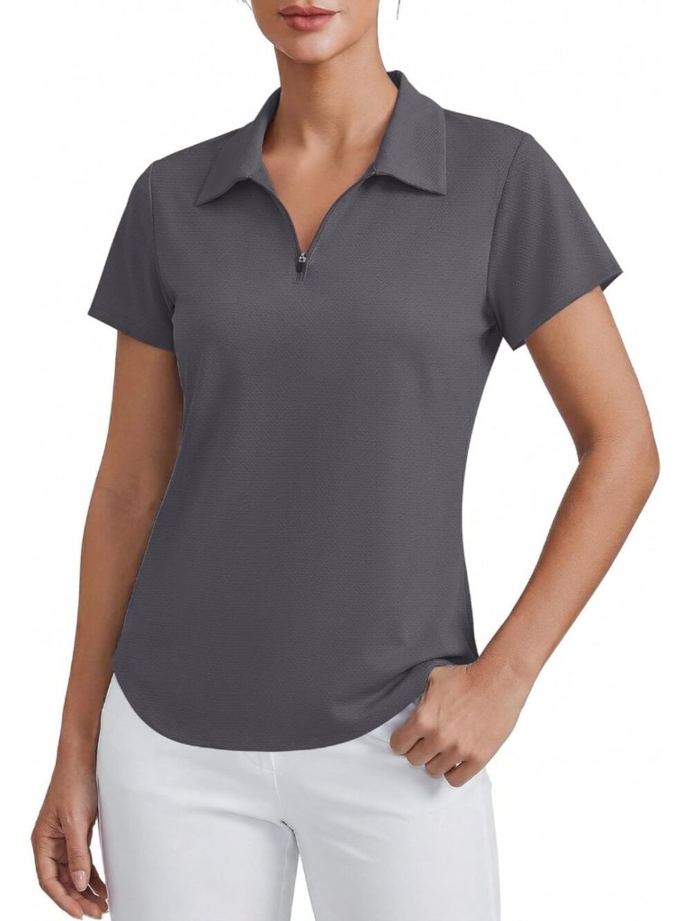 Womens Dark Grey  Golf Shirt Short Sleeve UPF 50+ Tennis Polo 1/4 Zip Quick Dry+